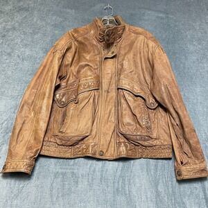Vintage Adventure Bound Worldwide Trading Leather Biker Jacket Mens Large Brown